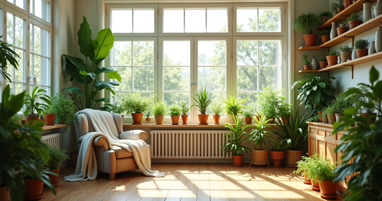 Sala iluminada com plantas em vários pontos 