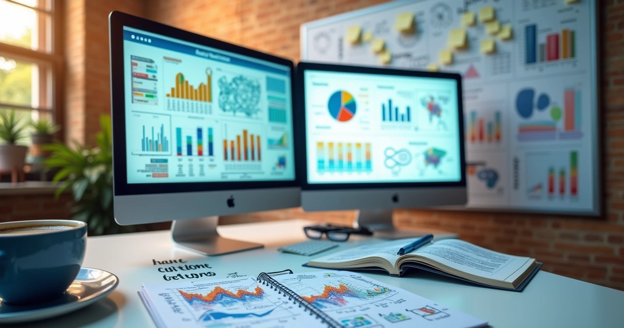 Espaço de trabalho com análises de dados, gráficos coloridos e anotações sobre comportamento do cliente.