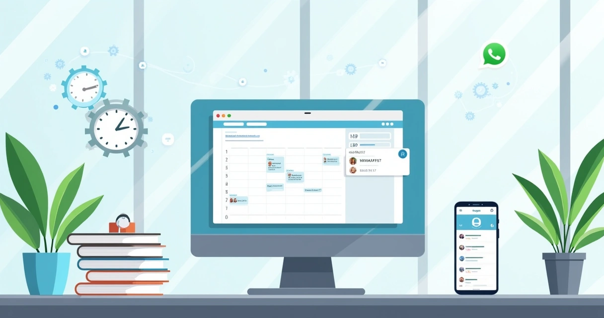 Espaço de assistência técnica moderna, com computador, agendamento digital e integração com WhatsApp.