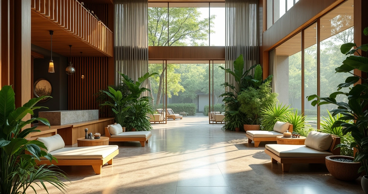 Área de spa integrada com arquitetura moderna e natureza 