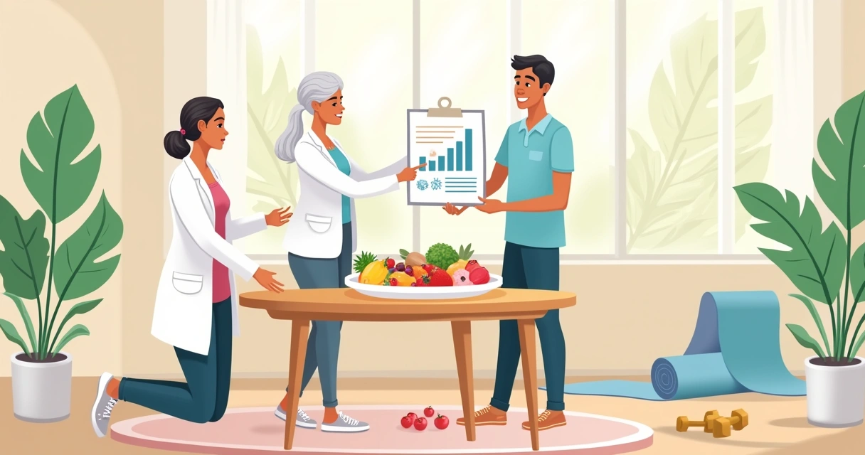 Espaço de bem-estar com médico, paciente, comida saudável e equipamentos de exercícios.