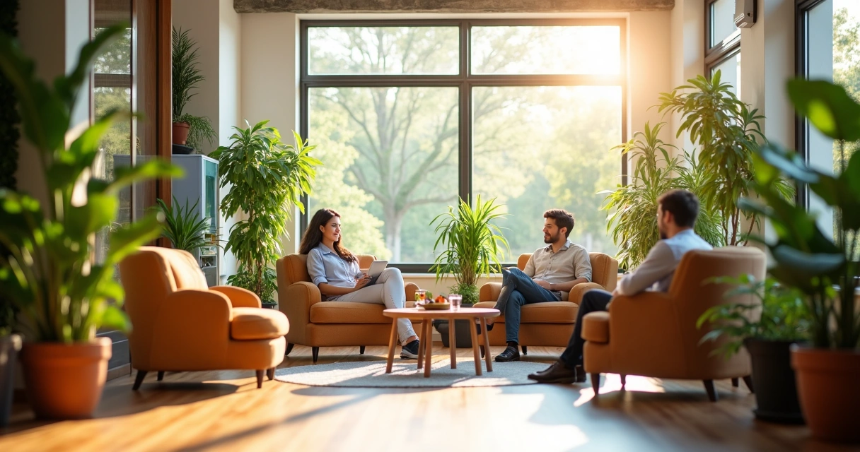 Espaço relaxante em escritório com plantas e poltronas confortáveis
