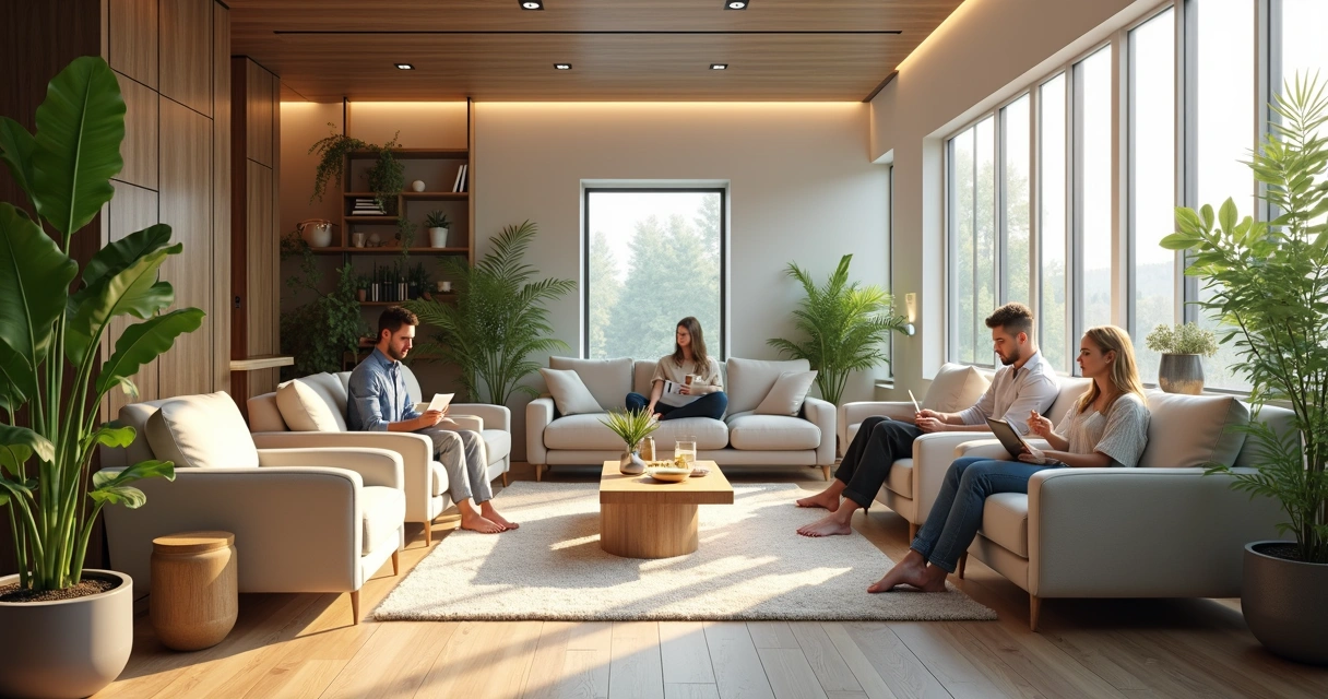 Espaço de bem-estar no escritório com poltronas, plantas e funcionários relaxando