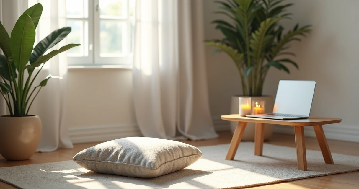 Cantinho simples preparado para meditação em casa 