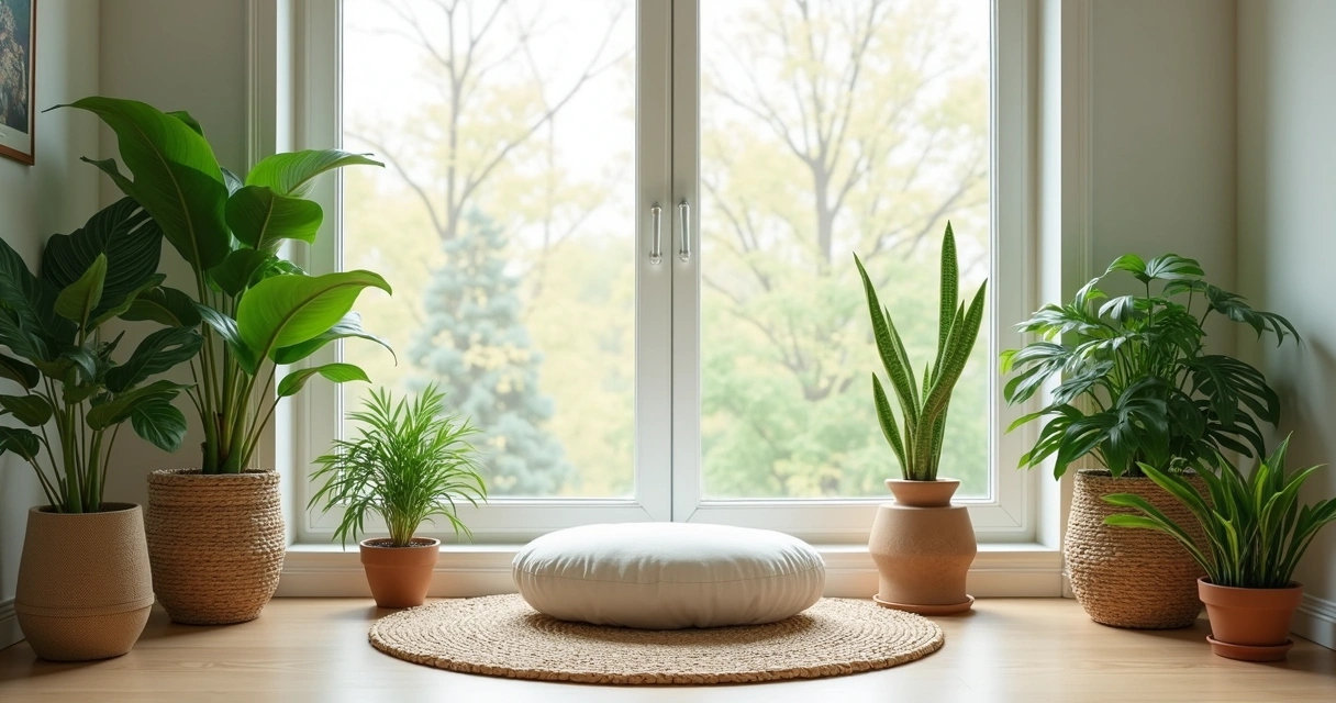 Canto de meditação com plantas perto da janela 