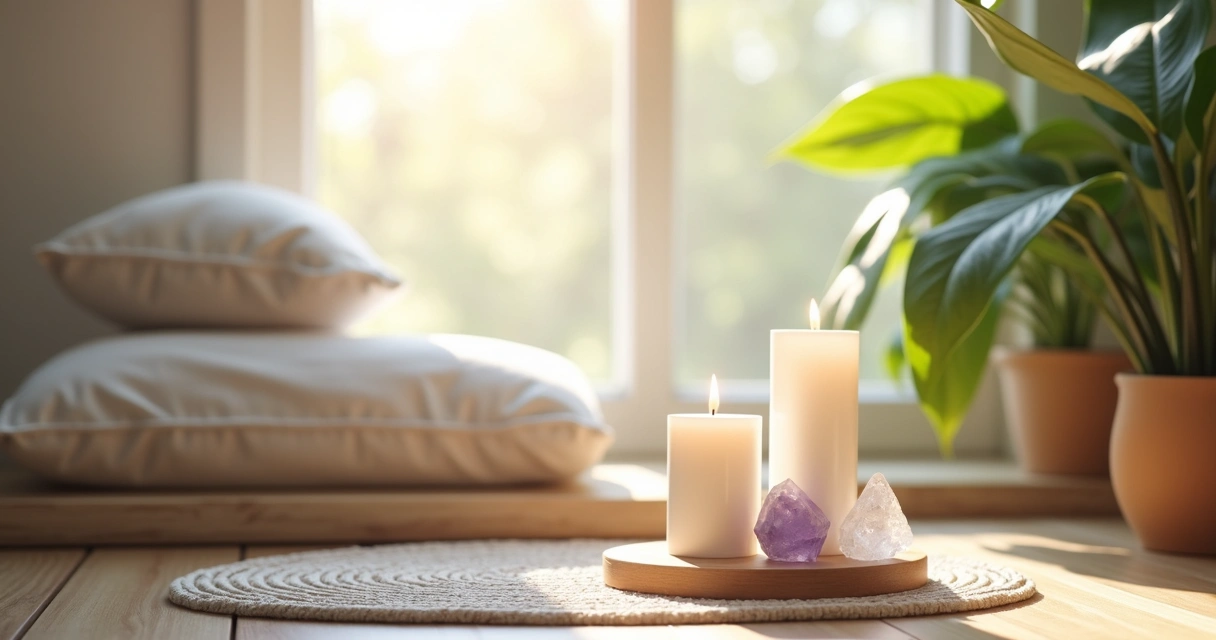 Espaço caseiro para canalização espiritual com velas, cristais e tapete 
