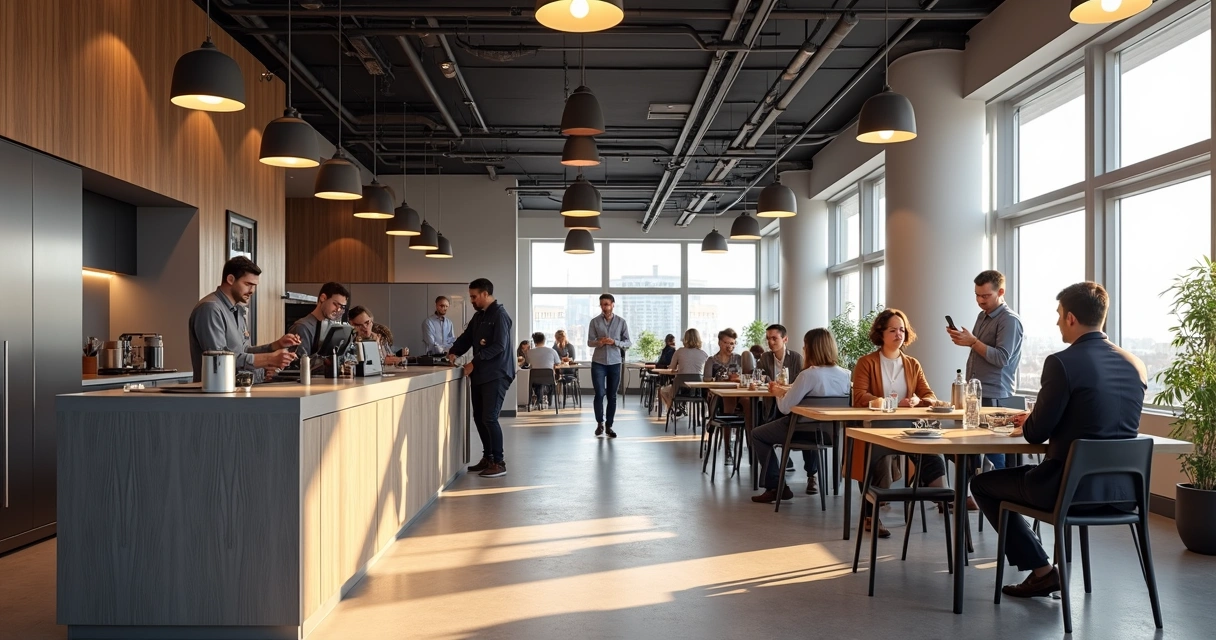 Espaço de coffee integrado, com divisórias funcionais e móveis amadeirados cinza 
