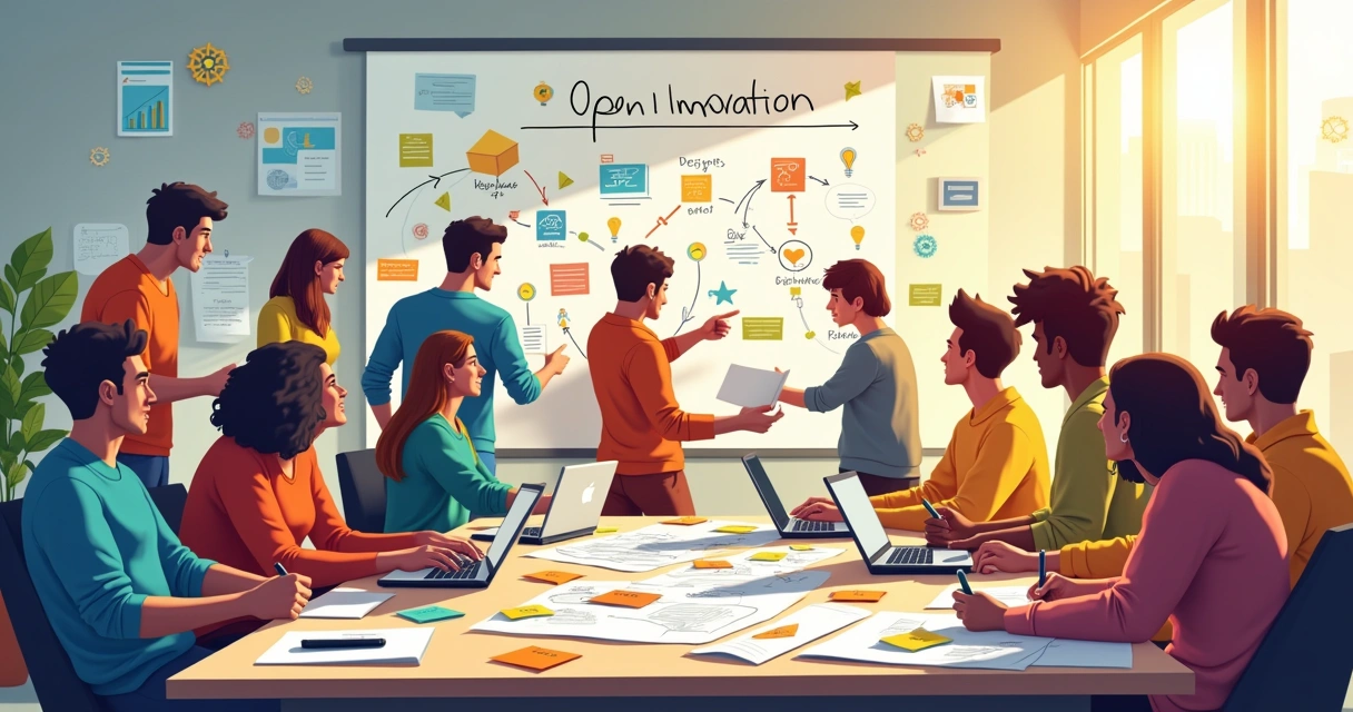 Espaço de trabalho colaborativo com pessoas discutindo ideias sobre inovação aberta, luz natural e anotações.