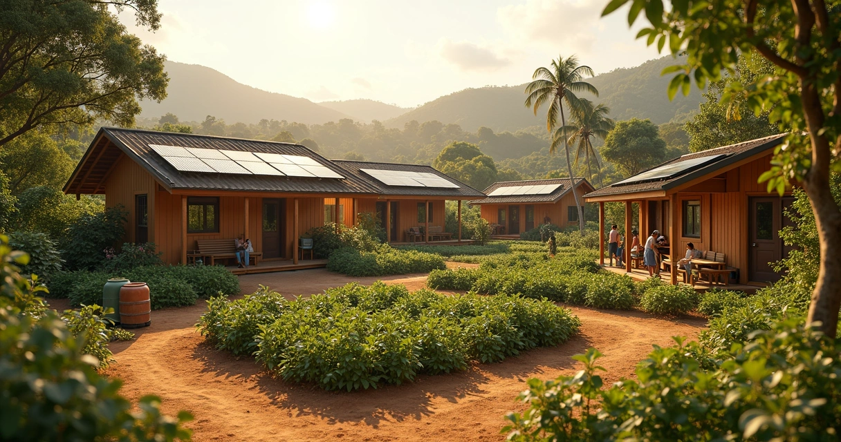 Horta e casas simples em espaço comunitário integrado à natureza