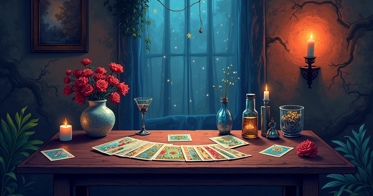 Espaço de consulta de oráculos com mesa de tarot, runas e búzios, ambiente místico iluminado por velas.
