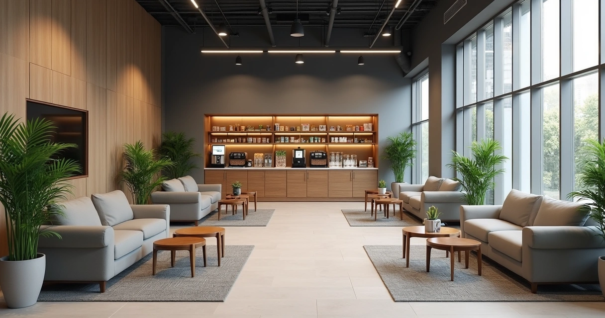 Espaço de convívio corporativo com mesas, poltronas e área de snacks 