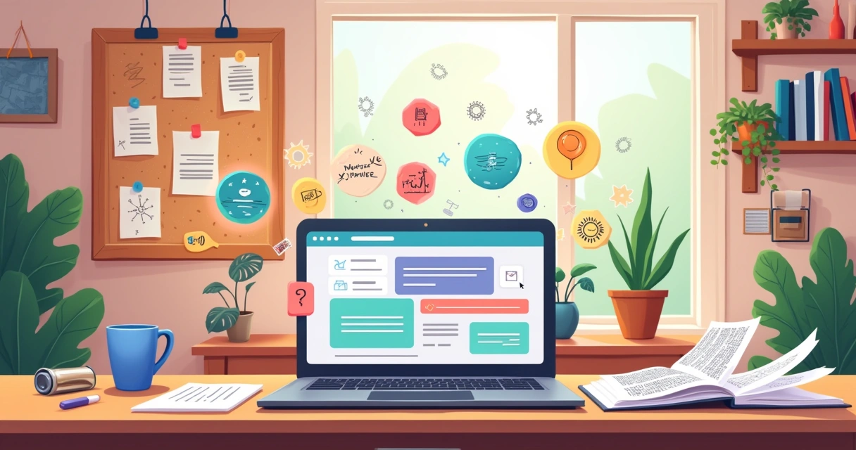 Espaço criativo com um laptop, anotações de ideias de marketing, e um ambiente iluminado e inspirador.