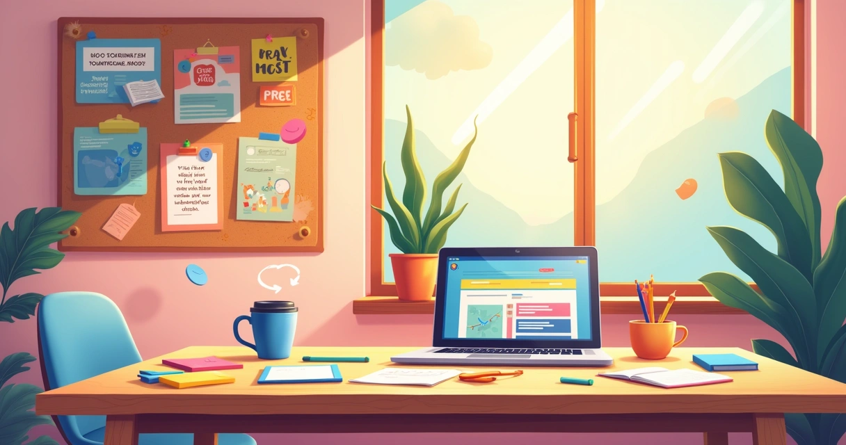 Espaço criativo com mesa, laptop, caderno colorido e inspiração visível nas paredes