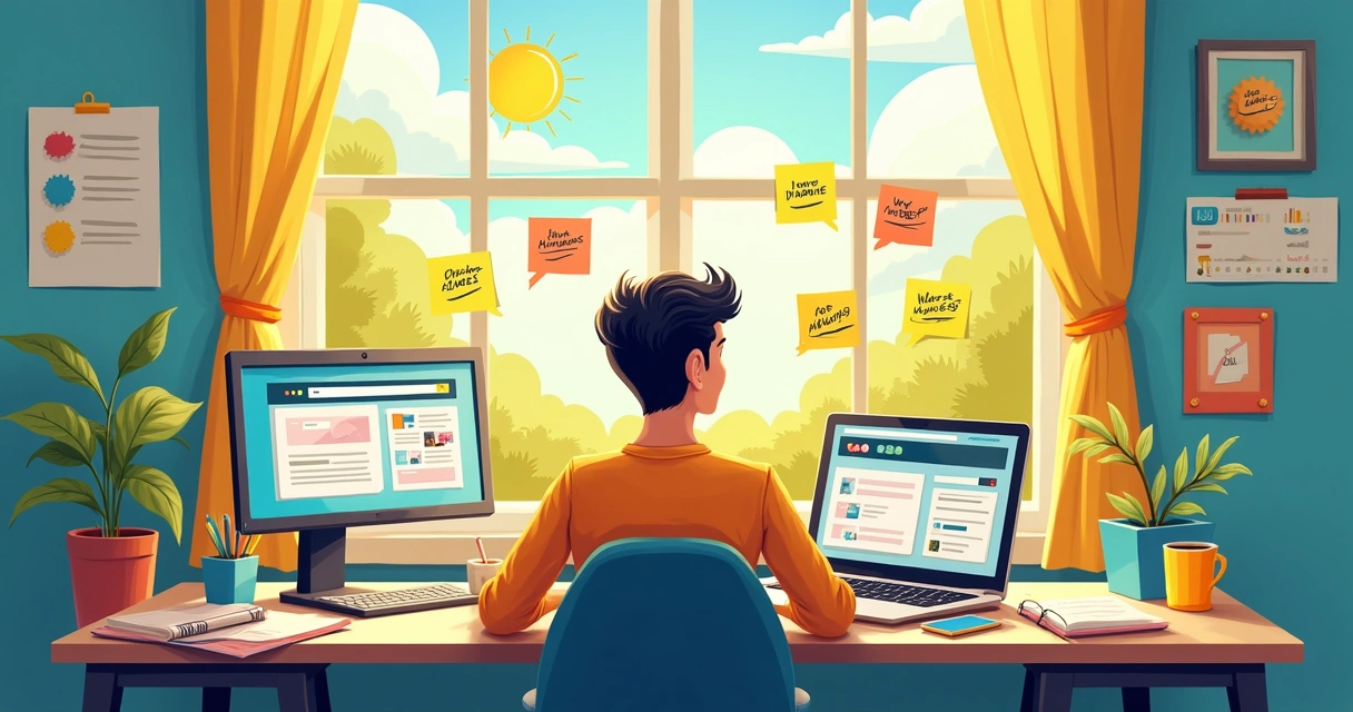 Espaço de trabalho criativo com opções de nomes em post-its, mostrando pesquisa de disponibilidade de domínio.