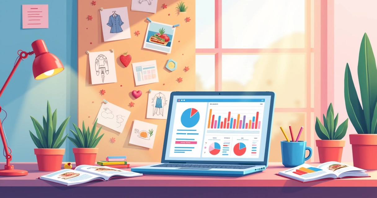 Ilustração de um espaço criativo para identificar nichos de mercado, com mesa, laptop e elementos representando receitas e moda.