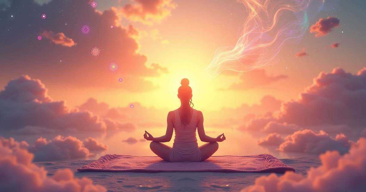 Espaço de meditação tranquilo com uma pessoa sentada, rodeada de cristais, incenso e um pôr do sol suave.