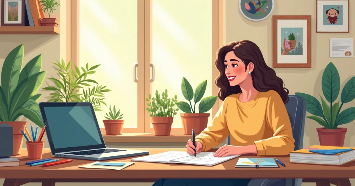 Ilustração de um espaço de trabalho iluminado, com um desk de madeira, materiais criativos e uma pessoa sorrindo.