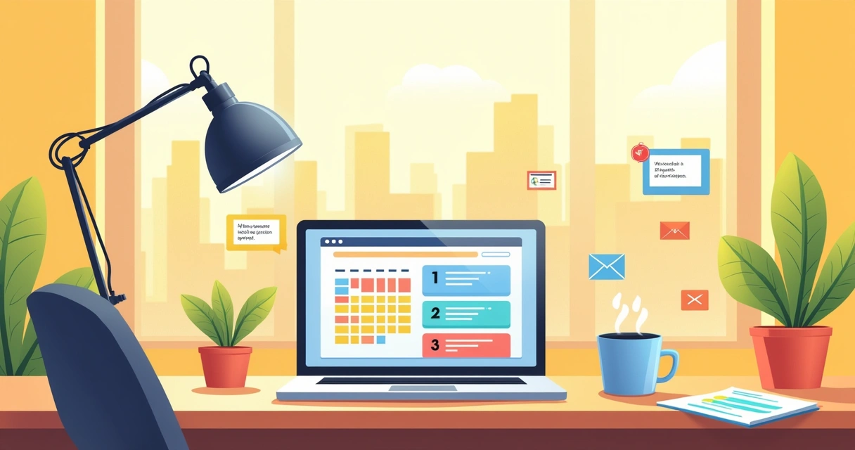 Ilustração de um espaço de trabalho moderno com um laptop, calendário, e plantas, representando follow-up de vendas.