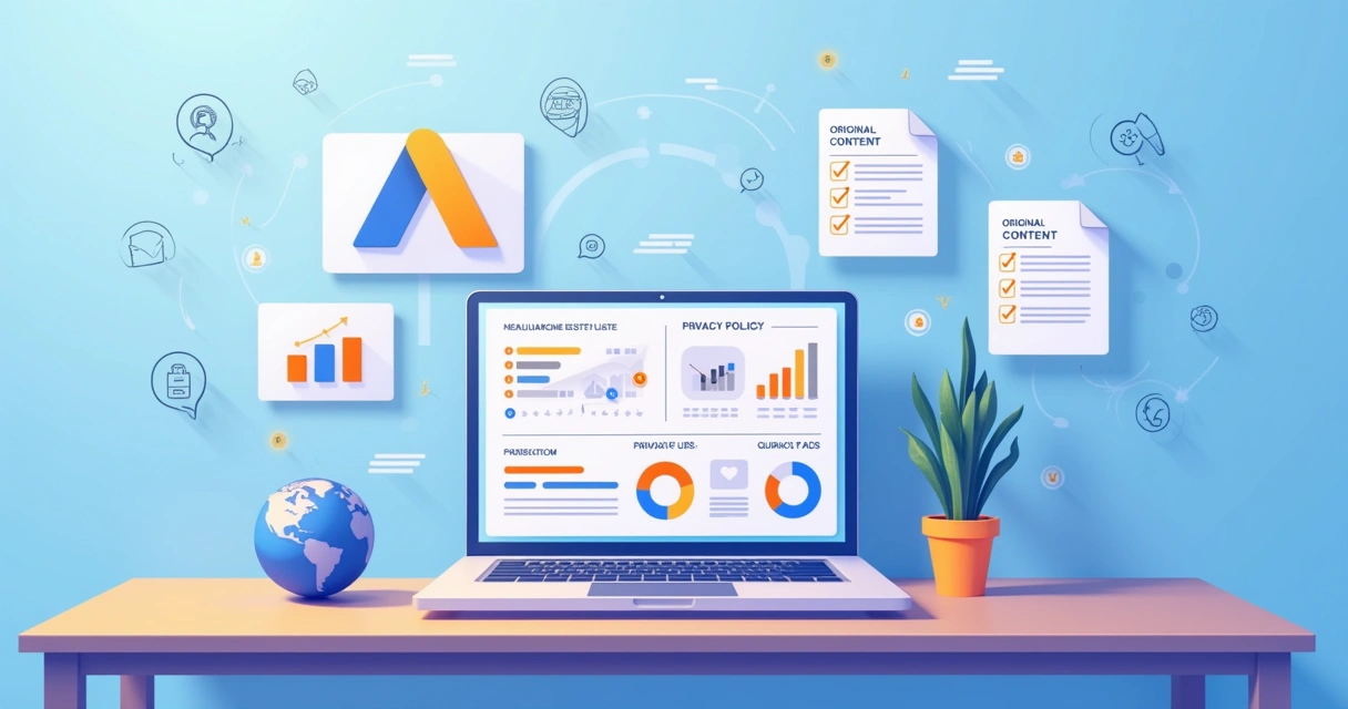 Domine os Requisitos do Google AdSense e Lucre Ilustração de um espaço de trabalho digital, destacando aspectos do Google AdSense e diretrizes de monetização.