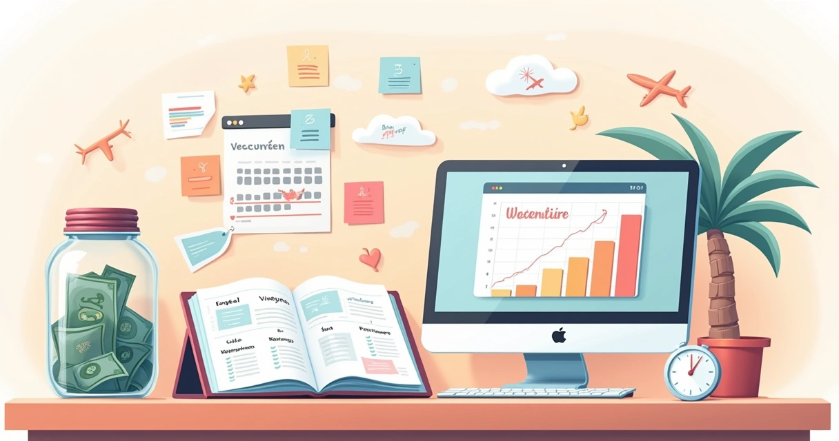 Espaço de trabalho organizado com metas financeiras e um pote de economia para viagem.