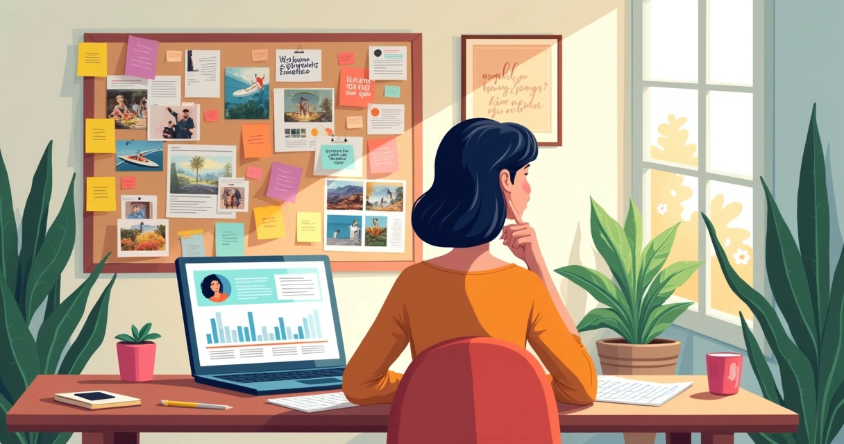 Espaço de trabalho criativo com notas coloridas, laptop e quadro de visão, refletindo a definição de nicho e público-alvo.