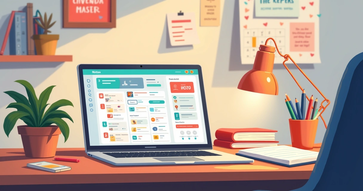 Ilustração de um espaço de trabalho acolhedor com um laptop aberto no Notion e itens de escritório organizados.
