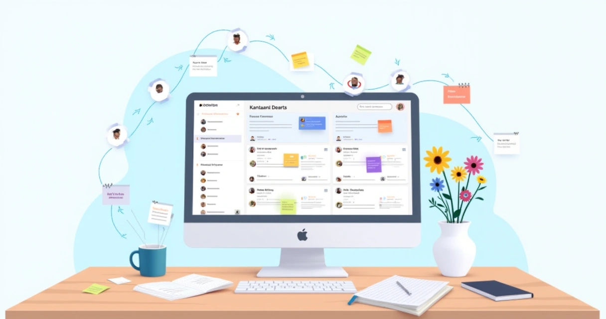Espaço de trabalho organizado com painel do Notion, Kanban e tarefas em um ambiente claro e colaborativo.