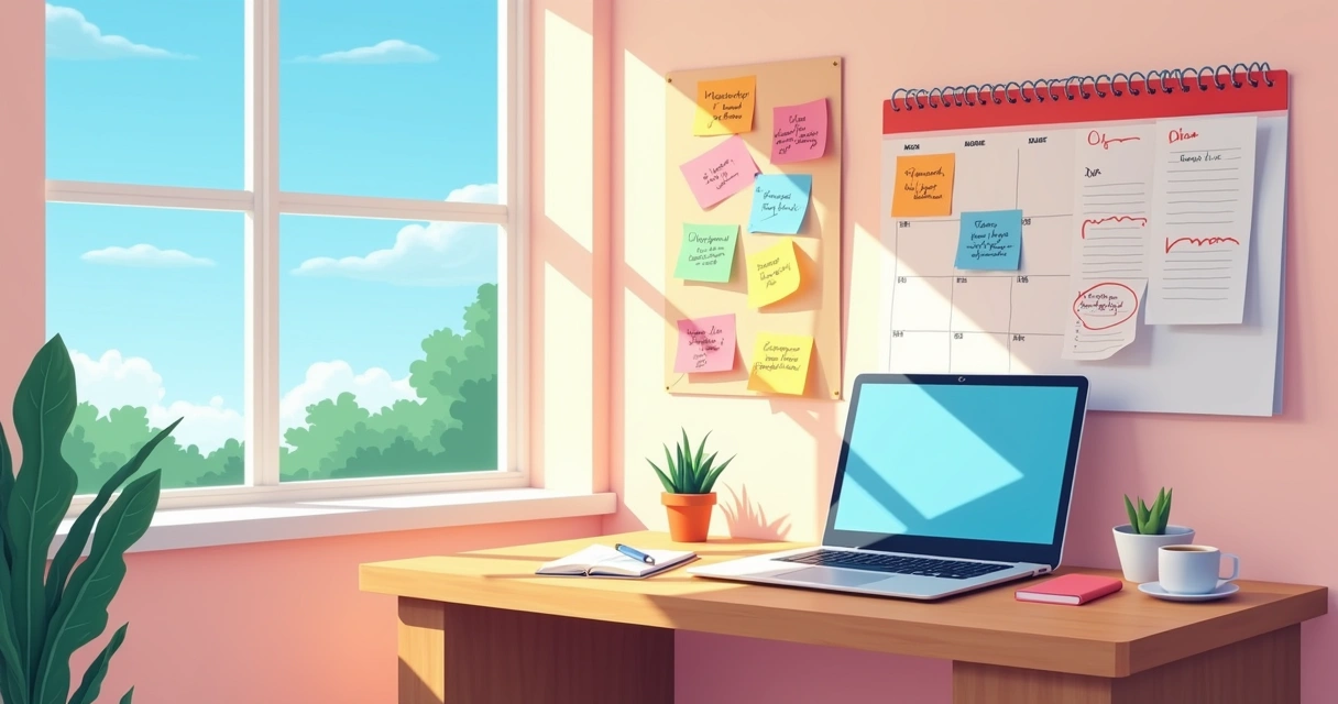 Espaço de trabalho organizado com laptop, notas adesivas e um calendário, simbolizando produtividade.