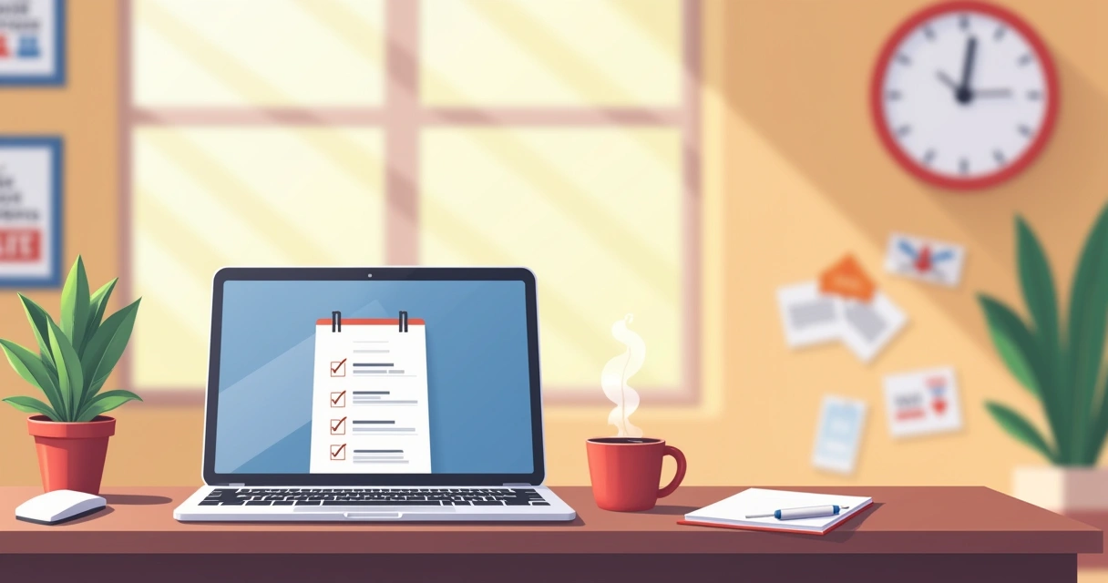 Espaço de trabalho organizado com laptop, caneca e anotações, simbolizando produtividade com foco.