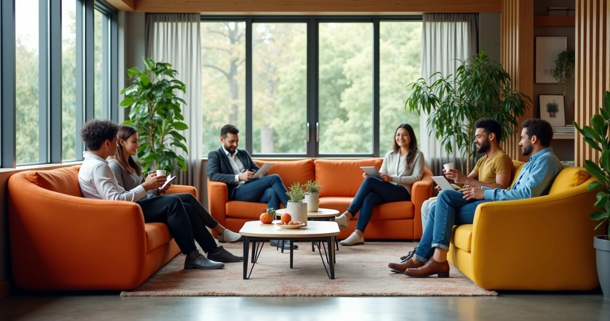 Espaço de descompressão em empresa, com poltronas coloridas e plantas 