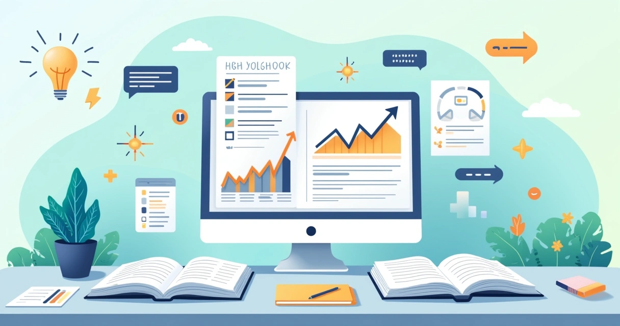 Domine os Requisitos do Google AdSense e Lucre Espaço digital vibrante com tela de computador, livros, anotações e gráficos de crescimento de tráfego.