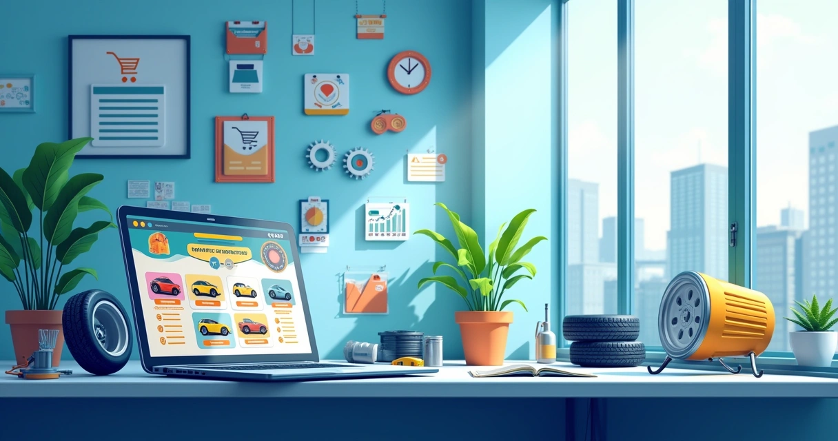 Espaço de trabalho de e-commerce com laptop, autopeças e gráficos ilustrando vantagens de vendas online.
