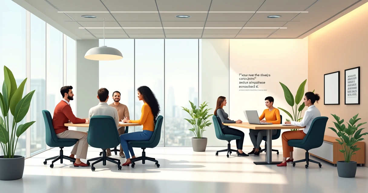 Espaço de escritório moderno com móveis ergonômicos, luz natural, plantas e arte motivacional.