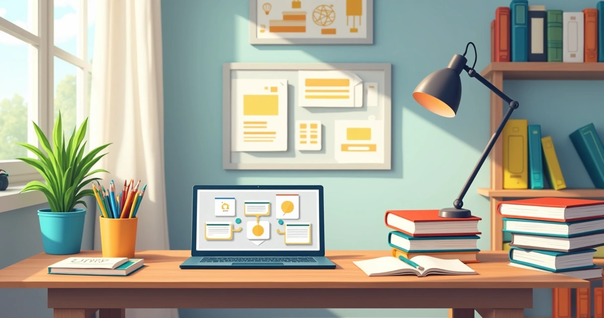 Mesa de estudos organizada com livros, luz e plantas.