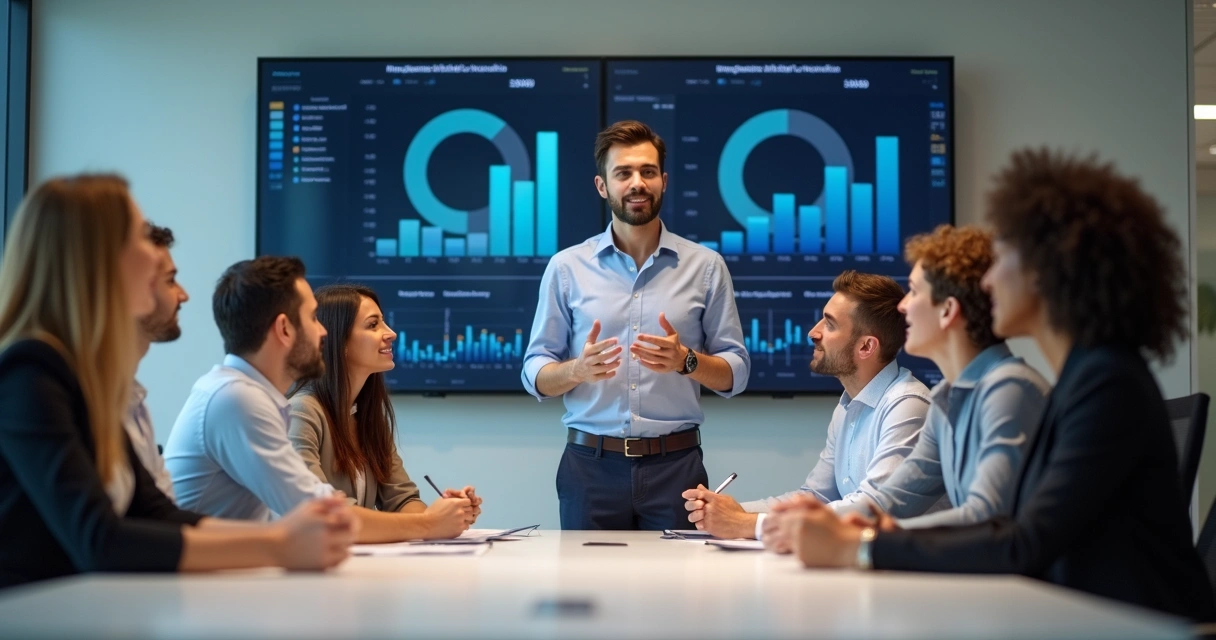 Sala moderna de empresa com equipe recebendo feedbacks