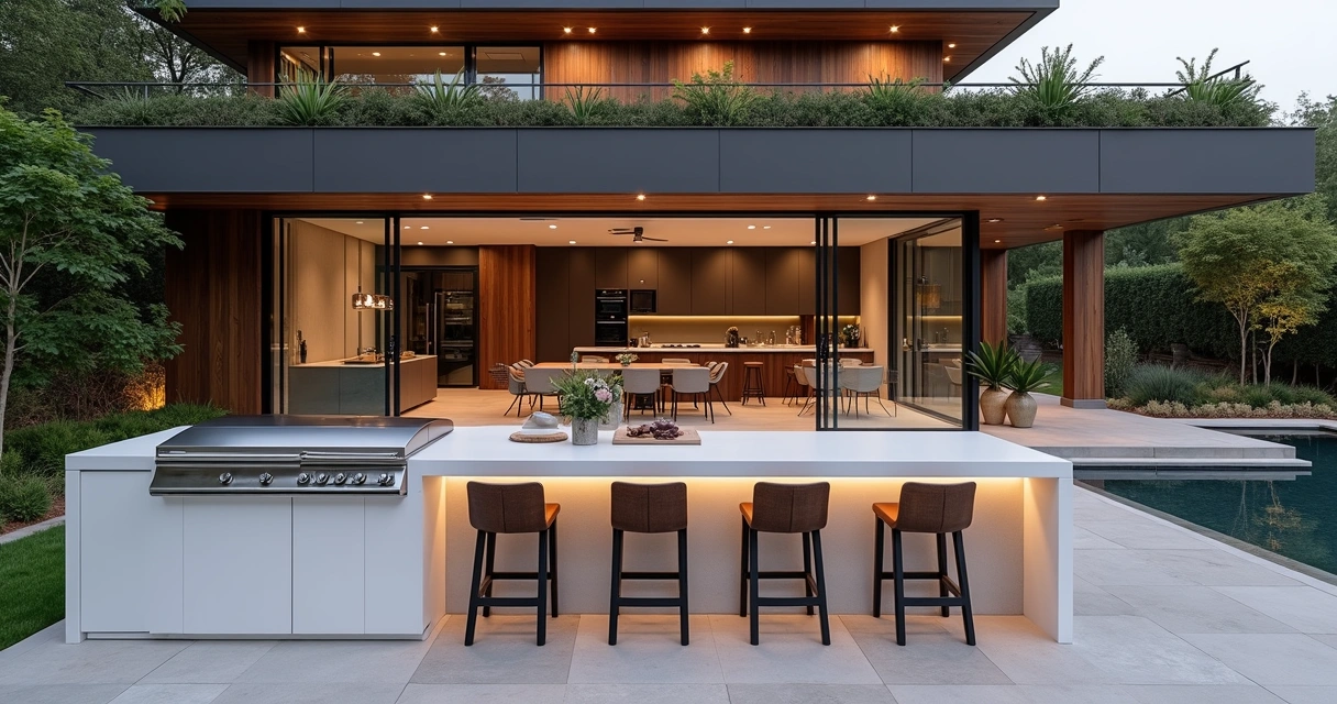 Bancada de Corian em área gourmet com churrasqueira e sala integrada decorada com móveis modernos. 