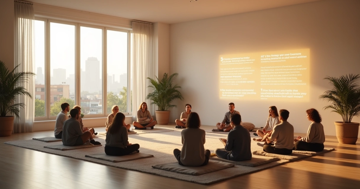 Grupo em sala ampla observando perguntas reflexivas projetadas na parede 