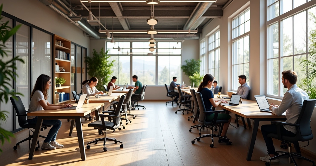 Ambiente coworking com mesas compartilhadas e pessoas trabalhando.