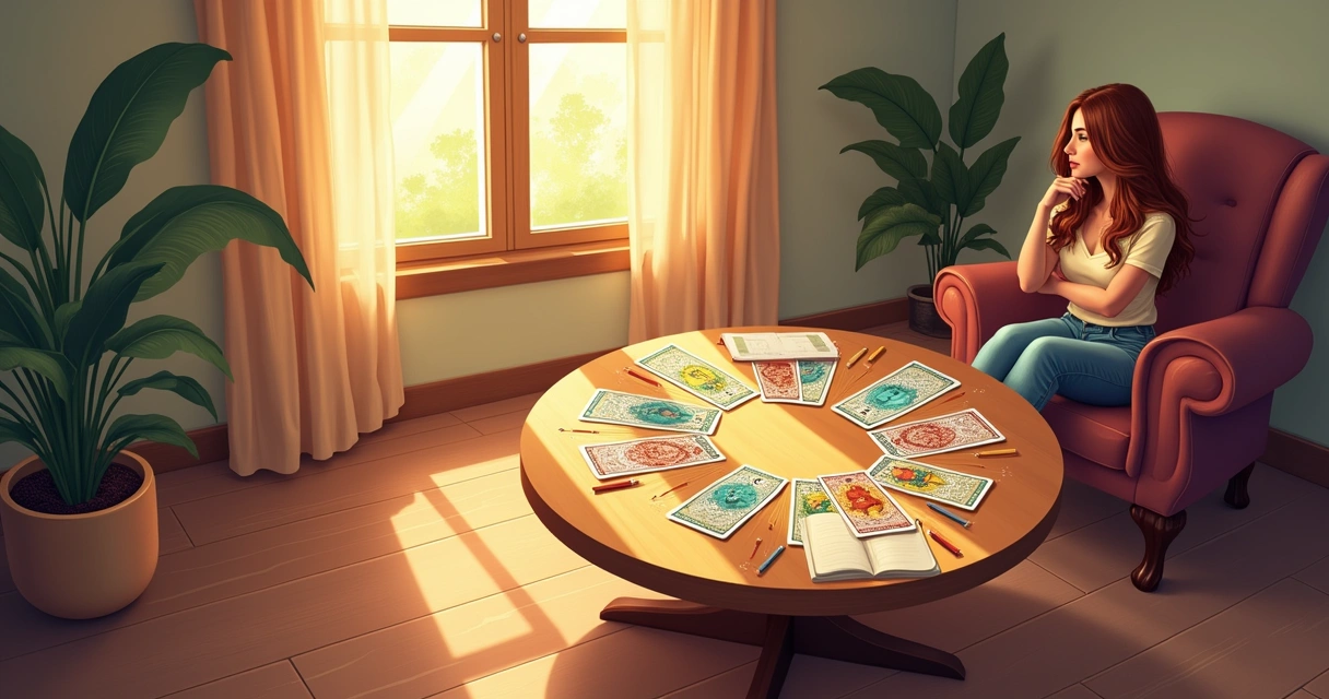 Espaço interno tranquilo com mesa de tarô, mulher pensativa, luz suave e plantas.