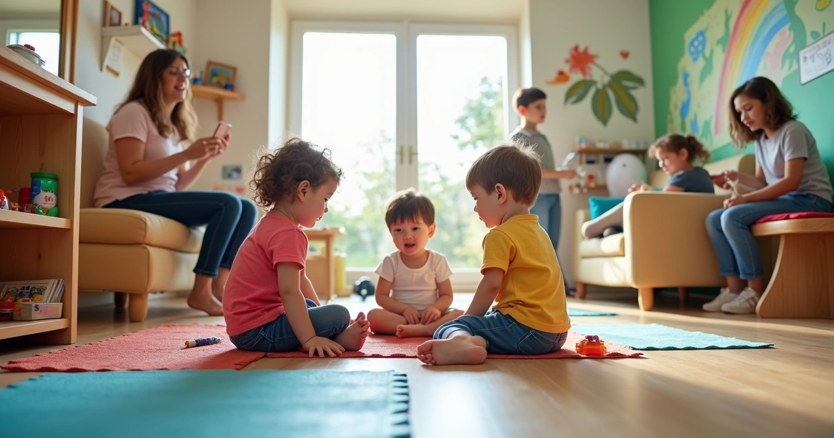 Crianças brincando em espaço kids colorido e seguro no salão de beleza. 