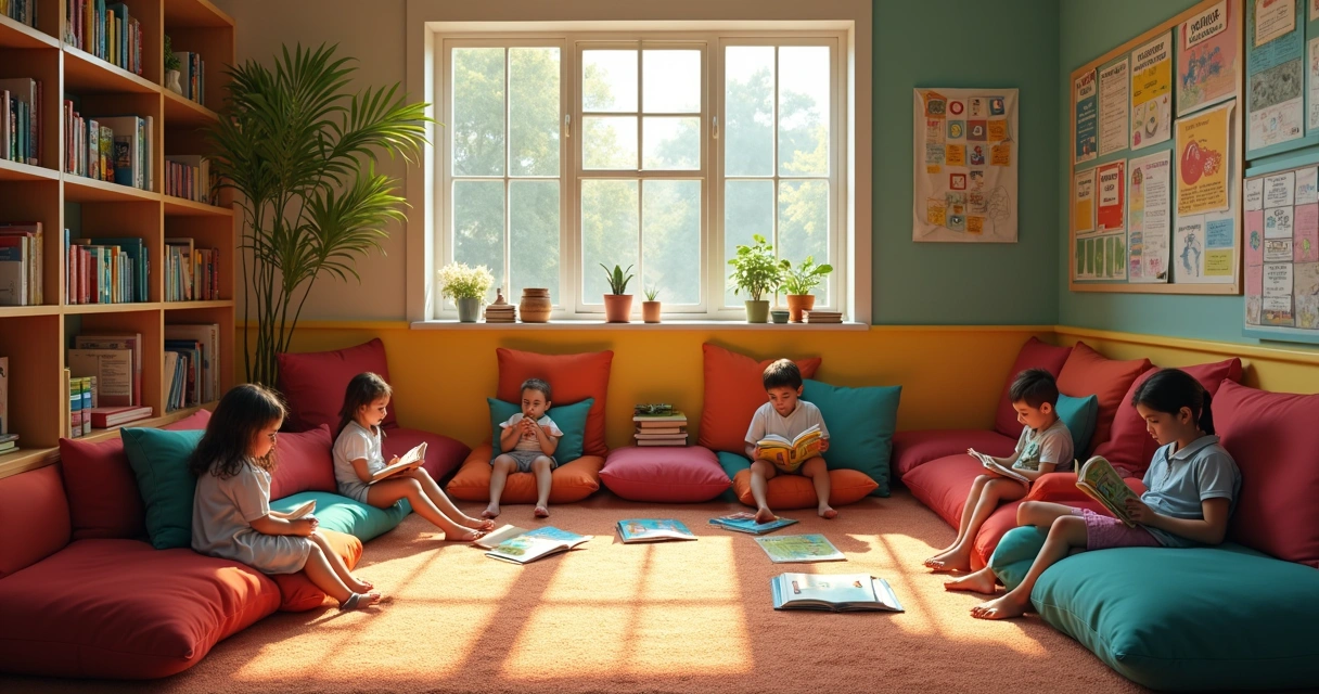 Cantinho de leitura em escola pública com almofadas coloridas, prateleira de livros e parede decorada.