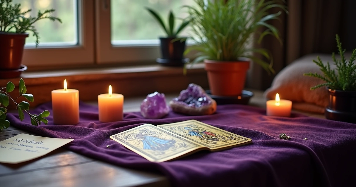 Espaço sereno para leitura de Tarô com mesa de madeira, velas, cartas e cristais em tons calmantes.