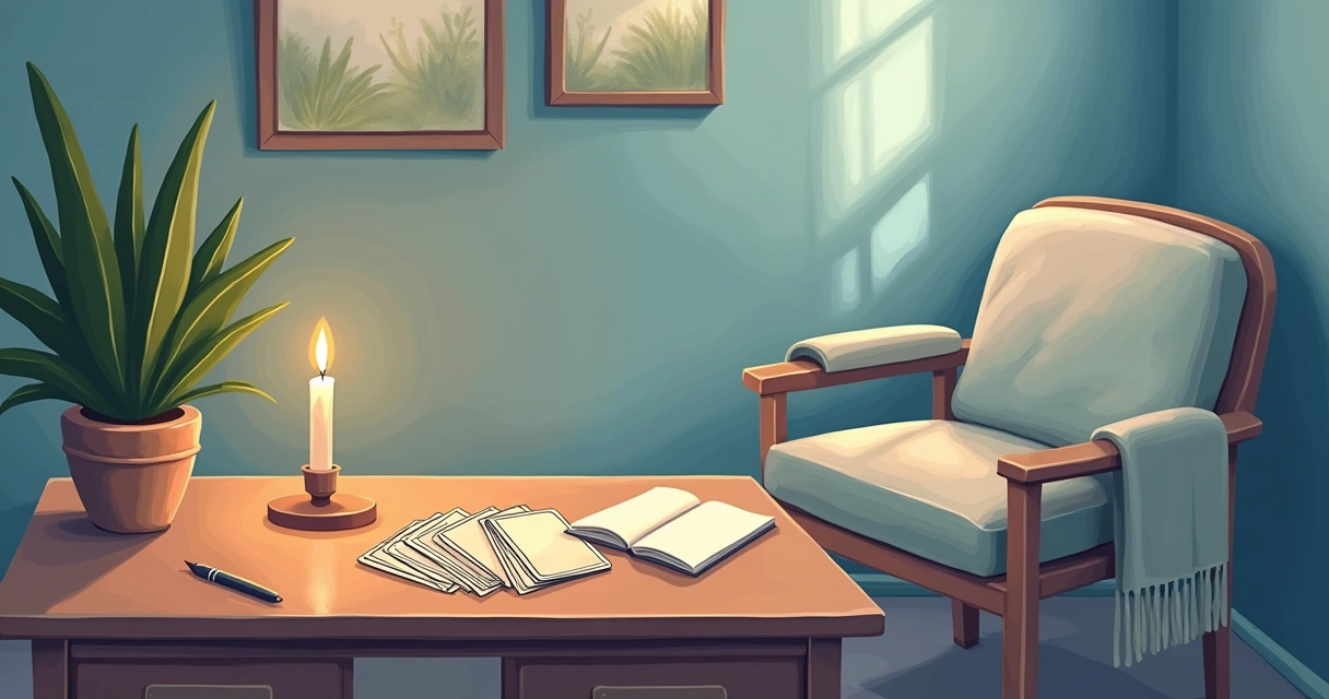 Espaço tranquilo para leitura de tarot online com mesa, cartas e luz suave.