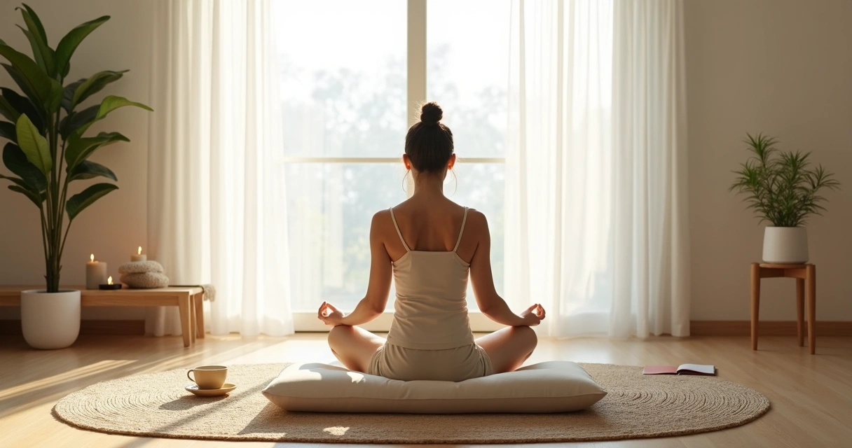 Pessoa meditando em sala minimalista iluminada por luz natural 