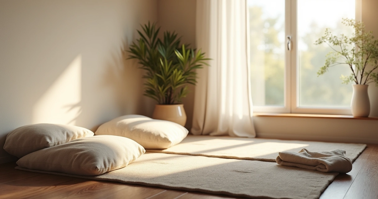 Espaço de meditação simples com almofadas e luz suave 