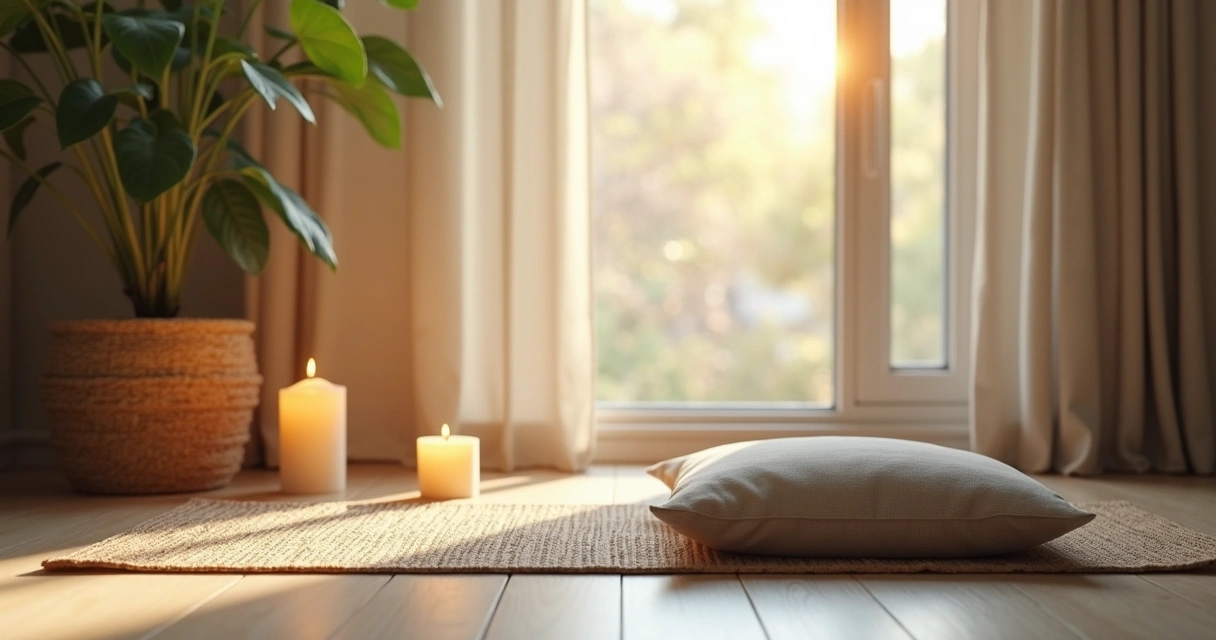 Ambiente tranquilo para meditação em casa, com luz suave e almofada no chão 