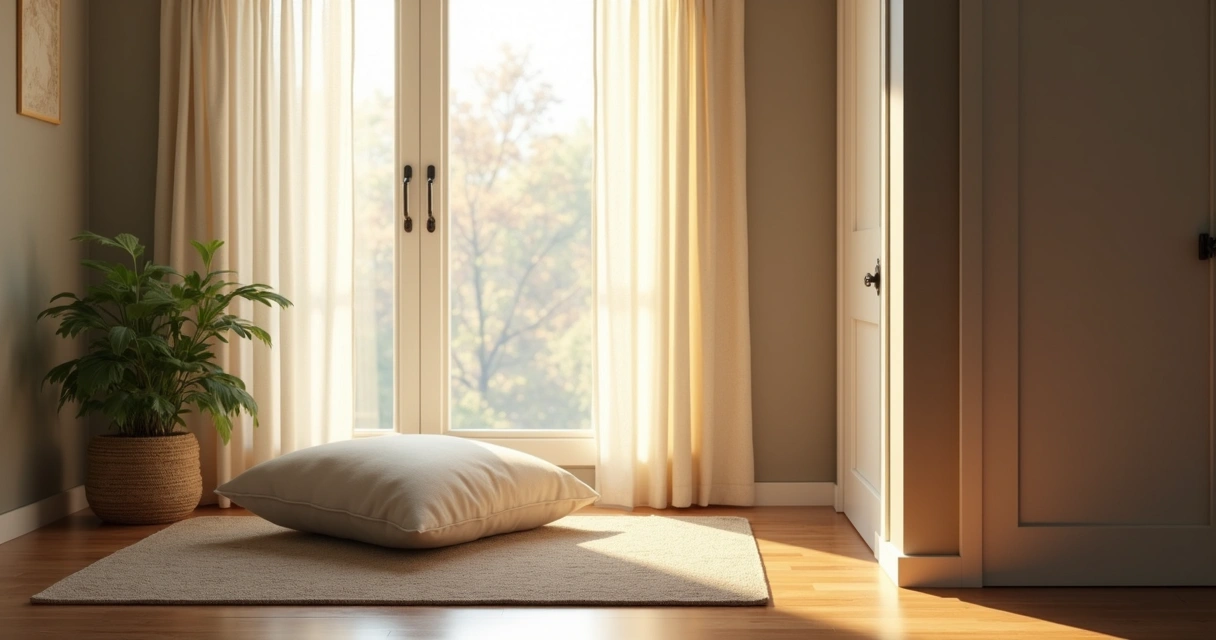 Espaço de meditação simples com almofada e luz suave