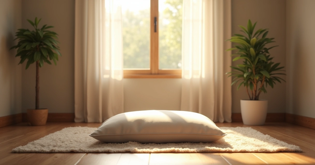 Canto de uma sala com almofada no chão, planta e luz suave filtrando pela janela