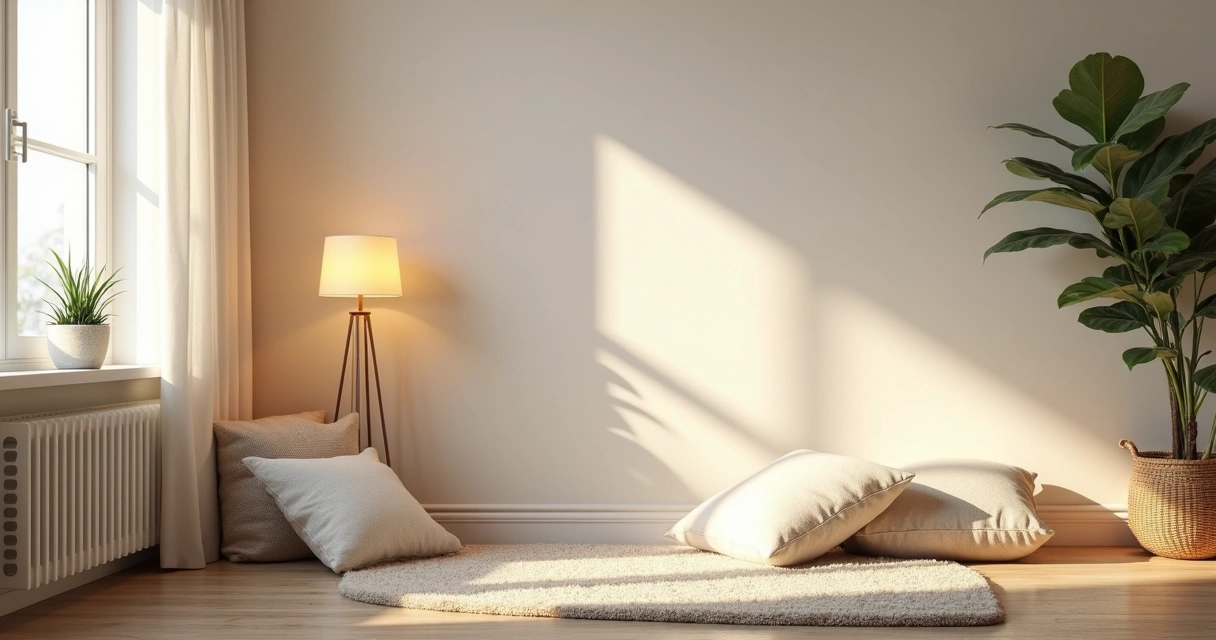 Espaço doméstico organizado para meditação com almofadas e luz suave. 