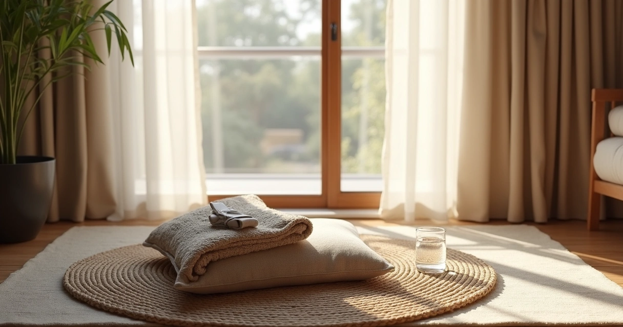 Espaço de meditação com manta, almofada e luz suave 